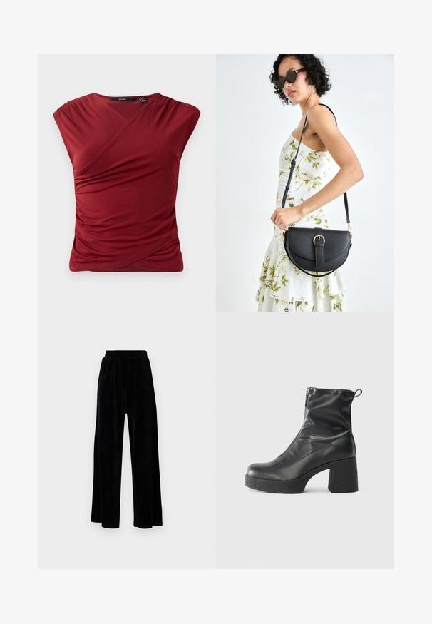 Red short-sleeve top with a wrap design, featuring gathered texture on the side and a smooth, soft fabric finish.; Black wide-leg trousers made of soft velvet, featuring an elastic waistband and a smooth texture, with no visible detailing or patterns.; Black ankle boots made of smooth leather, featuring a side zipper, chunky textured heel, and rounded toe design.; Black leather handbag with a curved shape, detachable strap, and gold hardware. The bag features a flap with a buckle detail.