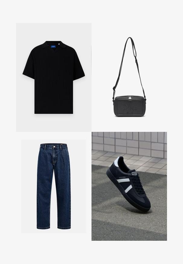 Musta lyhythihainen polo-paita V-päällä, jossa on ribbipintainen rakenne ja hienovaraiset pystysuorat raidat. Merkki kaulan alueella.; Tummansininen farkkushortsit suoralla lahkeella. Ominaisuuksiin kuuluvat näkyvät saumat, napitus ja etulaskokset lisäyksinä.; Mustat nahkakengät valkoisilla raidoilla, teksturoitu kumipohja ja nauha edessä. Varustettu merkkitarralla kielen päällä.; Musta nahkainen olkalaukku vetoketjulla, etuosassa kohoamalla painettu logo ja säädettävä hihna. Sujuva pinta ja suorakulmainen muoto.