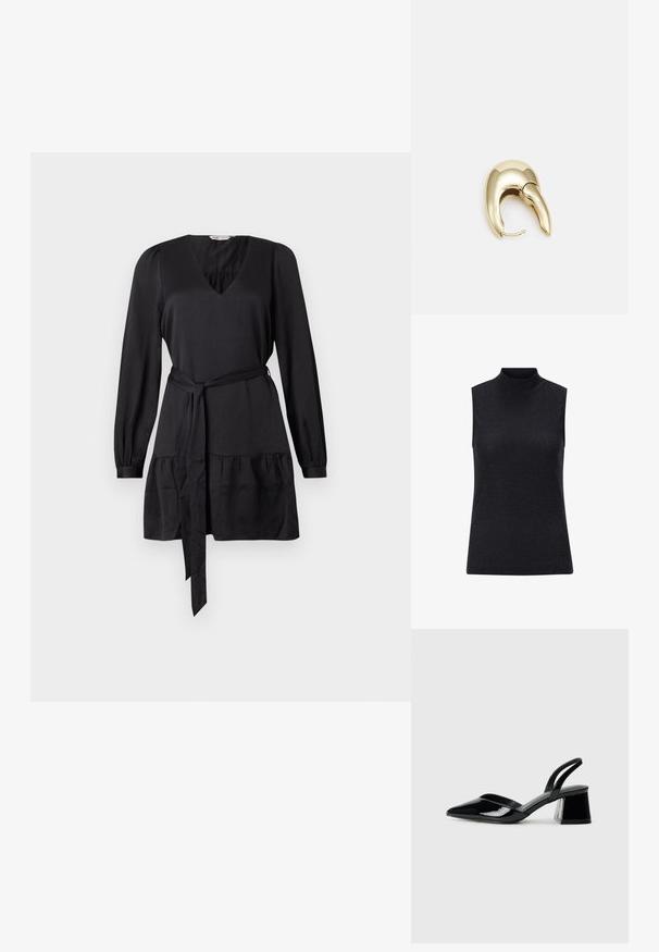 Must mustriga särk, millel on kõrge kaelus, valmistatud soonilisest tekstureeritud materjalist, millel on liibuv siluett ja sile peegeldav pind.; Mustaga kleit V-kaelusega, pikkade varrukatega ja sidumisrihmaga. Hemmi allosas on lisatud tekstuuri jaoks kokku kogutud kiht. Sile kangast viimistlus.; Mustad musta lakknahk kingad, millel on terav varvas ja geomeetriline plokkkonts. Omab elegantselt minimalistlikku disaini ja sujuvat tekstuuri.; Kollane faux-krokodilli käsipindaga kott, millel on struktureeritud disain, ülemine käepide, eemaldatav kettmass ja dekoratiivne kristallkaunistus klambril.; Kuldtooni metallist kõrvarõngas, millel on elegantne ja kaarjas disain. Omab silmapaistvat teravat kuju, poleeritud pinda ja hingesulgemist.