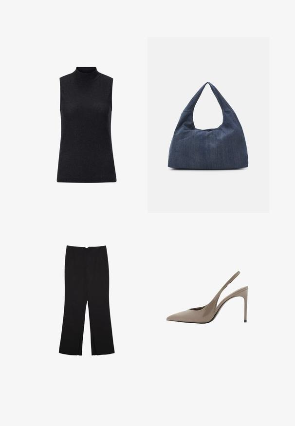 Musta hihaton paita, jossa on korkea kaula-aukko, valmistettu ribbatusta, teksturoidusta materiaalista. Paita on istuva ja siinä on sileä, heijastava pinta.; Mustat housut suoralinjaisella leikkauksella, joissa on etutaskut ja sivurei'ät helman alla. Valmistettu pehmeästä ja sileästä kankaasta. Sopii eri tilaisuuksiin.; Beige patent leather slingback-korkokengät, joissa on terävä kärki ja tyylikäs muotoilu, joka sisältää ohuen korkean koron ja sivuilla olevan aukon.; Tumma sininen denimi laukku, jossa on pehmeä ja löysä muoto, hobo-tyylinen kahva ja teksturoitu pinta. Ei näkyviä metalliosia.