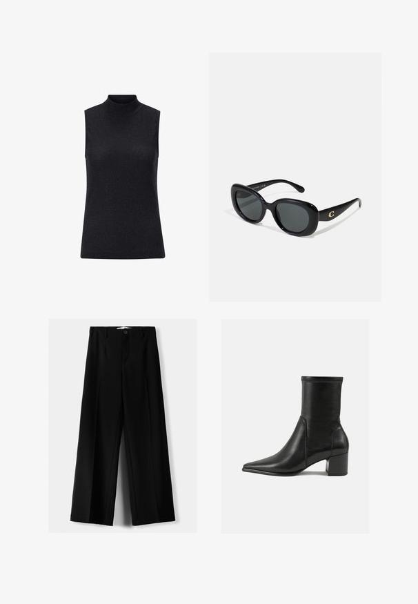 Black sleeveless top with a high neckline, made from ribbed, textured material, featuring a fitted silhouette and a smooth, reflective surface.; Black wide-leg trousers made of lightweight fabric, featuring a front button closure and flat front, with neatly stitched hems.; Black ankle boot made of smooth leather, featuring a pointed toe, a block heel, and distinct raised stitching at the top edge.; Black sunglasses with rounded lenses, glossy plastic frame, and a gold logo accent on the temples. Dark lenses offer UV protection.; Black leather shoulder bag with a curved design, featuring a gold-tone hardware clasp and embossed logo on the front. Textured surface.