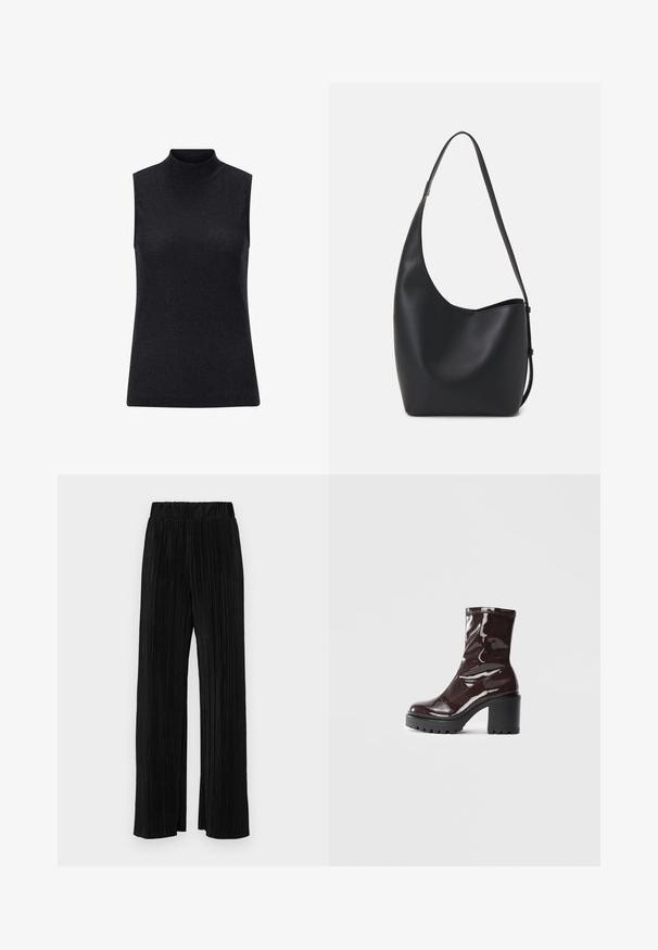 Must mustriga särk, millel on kõrge kaelus, valmistatud soonilisest tekstureeritud materjalist, millel on liibuv siluett ja sile peegeldav pind.; Mustad pleekitud püksid elastse vöökohtaga. Omavad laiad jalad ja sujuvat, tekstureeritud kangast vertikaalsete triipudega.; Klakav läikiv burgundi värvi pahkluu saabas, millel on paks must konts, sile tekstuur ja lihtne disain. Nähtavad kinnitused või mustrid puuduvad.; Mustast nahast hobo kott, millel on sile tekstuur, kumer kuju ja üks reguleeritav rihm; peal on lai avaus.