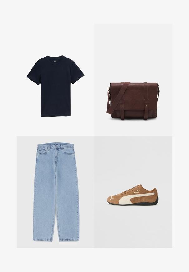 Námornícky modré bavlnené tričko, krátke rukávy, okrúhly výstrih, hladká textúra, jednoduchý dizajn, bez vzorov alebo akcentov, rovný lem.; Svetlomodré denimové džínsy s rovnými nohavicami, s polovysokým pásom, piatimi vreckami a zapínaním na gombík a zips.; Hnedé semišové nízke tenisky s krémovými akcentmi, textúrovaným povrchom, čiernou gumovou podrážkou a vyšitým logom na strane a jazyku.; Hnedá kožená messenger taška s plochým predným klopom, dvoma popruhmi, zlatými kovovými detailmi a nastaviteľným ramenným popruhom.