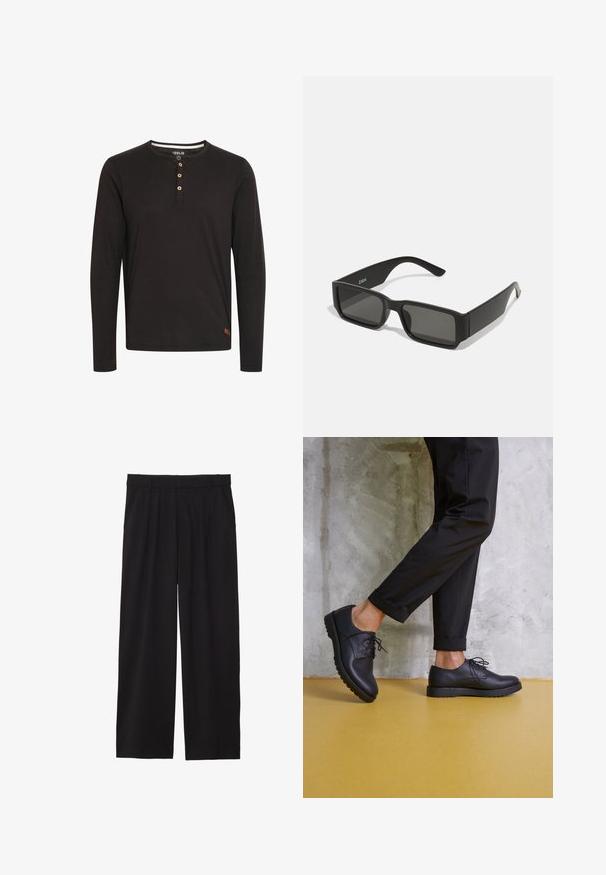 Black long-sleeve shirt made of soft fabric, featuring a round neckline, button placket with wooden buttons, and a small logo tag at the hem.; Black wide-leg trousers with a pleated front, side pockets, and a smooth fabric texture. Designed for a relaxed fit.; Black leather lace-up shoes with a rounded toe, textured surface, and thick rubber sole. Worn with rolled black trousers against a concrete background.; Black sunglasses with rectangular lenses, matte plastic frame, and straight edges. Features brand logo on the inner arm.
