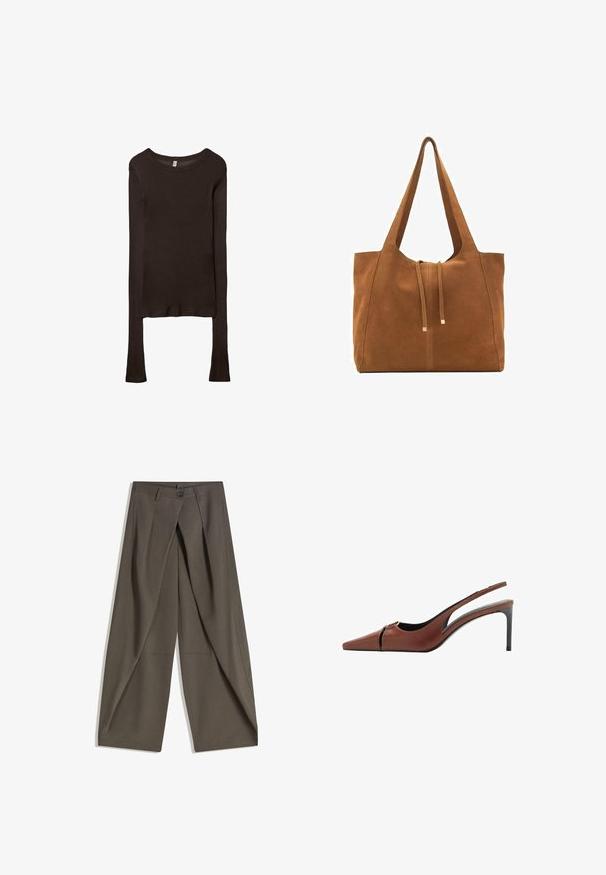Dlhý rukáv, priliehavý top vyrobený z tmavohnedého materiálu. Okrúhly výstrih, hladká textura a mierne predĺžené rukávy bez manžiet.; Široké nohavice vyrobené z textúrovaného tmavošedého materiálu. Majú predný záhyb, zapínanie na gombík a bočné vrecká pre praktickosť.; Hnedé kožené sandále na podpätku so špicatou špičkou, výrezom na priehlavku a elegantným stiletto podpätkom. Hladká textura.; Hnedá semišová taška cez rameno s dvoma dlhými popruhmi, sťahovacou šnúrkou a minimalistickým dizajnom. Hladký povrch a žiadne viditeľné kovové doplnky.