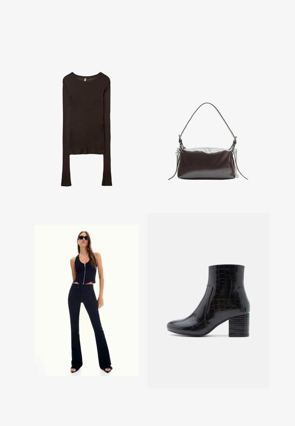 Langærmet, tætsiddende top lavet af mørkebrun stof. Rund halsudskæring, glat tekstur og let forlængede ærmer uden manchetter.; Sort cropped tank top med lynlås foran, parret med højttaljede sorte flared bukser. Modellen bærer mørke solbriller og højhælede sandaler.; Sort ankelstøvle lavet af skinnende læder med krokodillepræg. Har en rundet tå og en kraftig blokhæl. Glat tekstur og elegant design.; Brun patentlæder håndtaske med en struktureret rektangulær form, et enkelt håndtag og en sølv kæde accenter på den ene side.