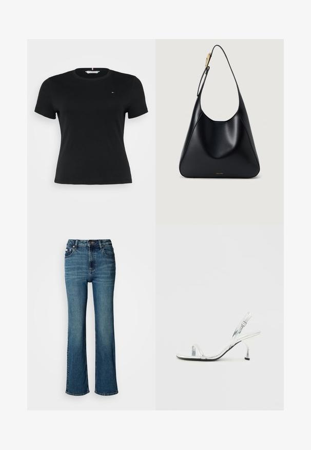 Must värvi puuvillane lühikeste varrukatega T-särk ümmarguse kaelusega, millel on väike mitmevärviline logo vasakul rinnapiirkonnas.; Kõrge vöökohaga sinised teksad, mis on valmistatud denimist, sirge jalaga disain, kerge pleekimine ning tavaline nööp ja tõmblukk.; Hõbe patendiga nahast slingback kõrgendatud sandaal kitsase varbaga rihmaga, reguleeritava pandla ja saleda kontsaga.; Must mustriba mustkott, millel on sile tekstuur, kõver siluett ja kuldne riistvara aksent. Omab reljeefset brändilogo alusel.