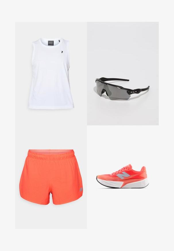 Balts bezpiedurkņu sporta topiņš ar apaļu kakla izgriezumu un gludu tekstūru. Iespējo neliels melns logotips pie pleca un vienkārša dizaina.; Vīriešu skriešanas šorti spilgtā korallkrāsā, izgatavoti no elpojoša auduma ar perforētu tekstūru. Iezīmēti ar elastīgu jostu un zilu logo akcentu.; Viegls skriešanas apavi spilgti korallegā ar acu audumu un sudraba logo. Ievērojama teksturēta balta viduspēda un melna gumijas zole.; Melni sporta saulesbrilles ar elegantu dizainu, apņemjo lēcu, pelēku toni un teksturētām melnām kājām. Nav redzamu logo.