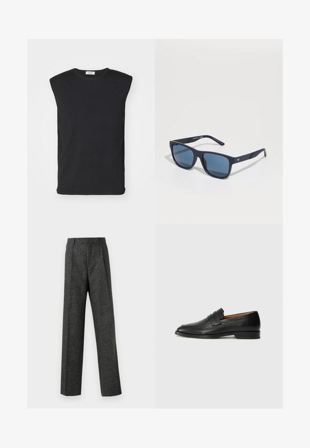sandro PABLO TANK - Topper - noir; Grå skreddersydde bukser laget av teksturert stoff, med to frontpleater og rette ben. Ingen synlige lommer eller dekorasjoner.; Svart skinnloafer med rund tå, subtilt sydd detaljering og lav hæl, med en glatt tekstur og minimalistisk design.; Blå rektangulære solbriller med mørke linser, matt marineblå ramme, logo-detajler på stengene, rette armer og en solid, glatt tekstur.