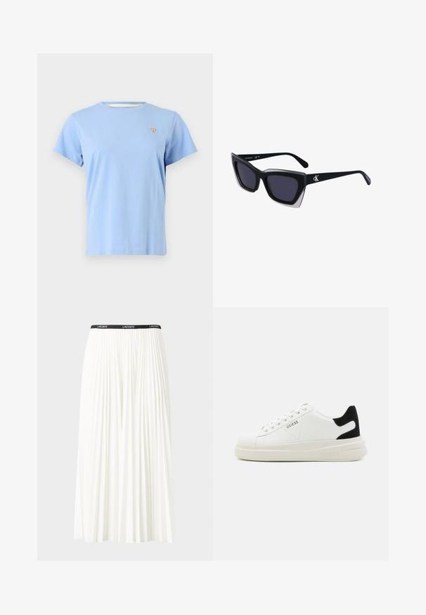 Hellblaues T-Shirt mit kurzen Ärmeln aus weichem Stoff, mit einem kleinen dreieckigen Logo auf der linken Brust und einem Rundhalsausschnitt.; Faltenrock aus Weiß mit einem schwarzen elastischen Bund, der das "LACOSTE"-Logo trägt. Mittellanges Design mit weicher Textur.; Weiße Leder-Sneaker mit einer dicken weißen Sohle, schwarzem Wildlederakzent an der Ferse und geprägtem Logo an der Seite. Schnürdesign mit sechs Ösen.; Schwarze übergroße Sonnenbrille mit geometrischer Form, ausgestattet mit dunklen Gläsern und einem kontrastierenden grauen Detail im Rahmen. Logo am Bügel.