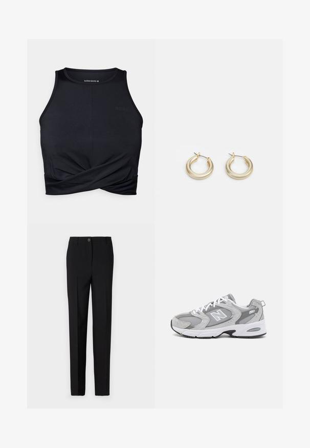 Černý sportovní crop top vyrobený z hladkého materiálu; má přední detail ve tvaru twist a logo BORG na levém horním rohu.; Černé přizpůsobené kalhoty se střihovým designem s rovnými nohavicemi, s knoflíkovým zapínáním a poutky na opasek, vyrobené z hladké látky.; Šedé sportovní boty s vrchní částí z prodyšné síťoviny a semiše, bílé tkaničky a černá podešev. Vyznačují se výrazným logem "N" a polstrovaným límcem.; Lauren Ralph Lauren BASIC SMALL HOOP - Náušnice - gold-coloured