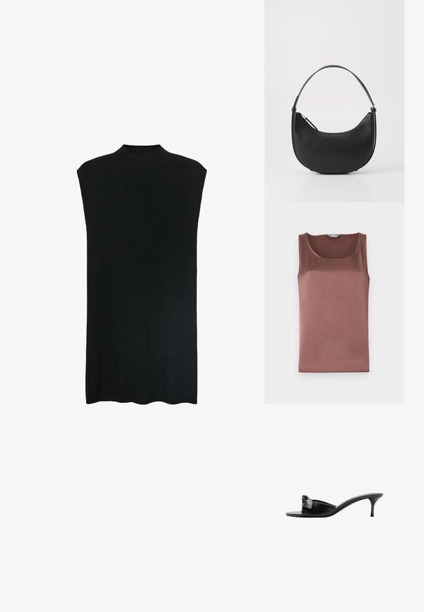 Brown satin sleeveless top with a rounded neckline, smooth texture, and a slim fit, designed for a streamlined silhouette.; Black sleeveless tunic with a high neckline, soft fabric, loose fit, and a straight silhouette. Hem is slightly curved at the bottom.; Black leather slip-on mules with a bow accent, open toe, and a slim high heel. Smooth texture and minimalistic design.; Black leather shoulder bag with a curved shape, slim handle, and zip closure. Features a smooth texture and subtle logo detail.