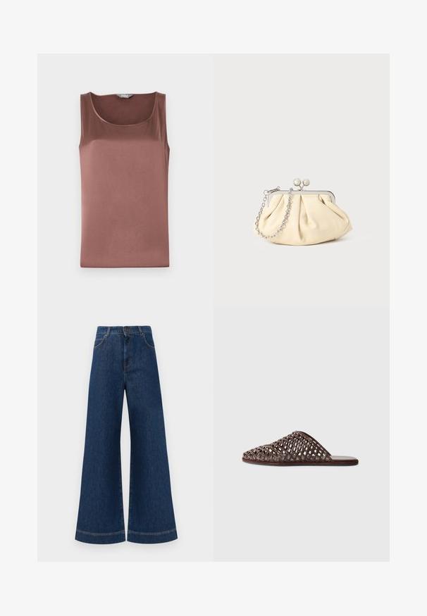 Brown satin sleeveless top with a rounded neckline, smooth texture, and a slim fit, designed for a streamlined silhouette.; Wide-leg blue denim jeans with a high waist, featuring a button closure, belt loops, and subtle stitching details along the pockets and hems.; Brown woven slide sandal with a rounded toe, open design, flat sole, and textured surface. Lightweight material and minimalist silhouette.; Pleated beige leather clutch with a silver metal frame, featuring two round decorative clasps and a silver chain strap.