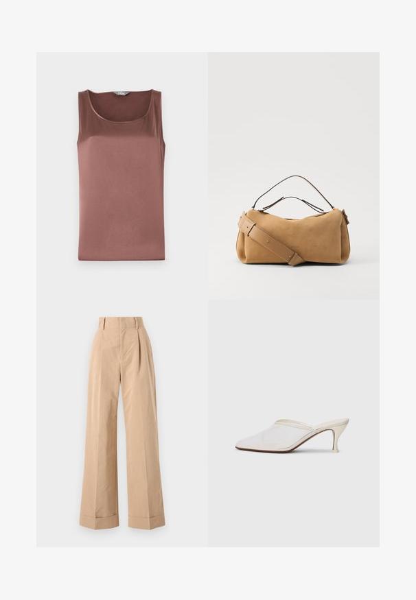 Brown satin sleeveless top with a rounded neckline, smooth texture, and a slim fit, designed for a streamlined silhouette.; Beige wide-leg trousers with a high waist, featuring pleats and a smooth texture. The cuffs are folded, adding structured detail.; White mesh pointed-toe mule with a slim mid-height heel and slip-on design against a plain background.; NEOUS SCORPIUS - Handbag - sand