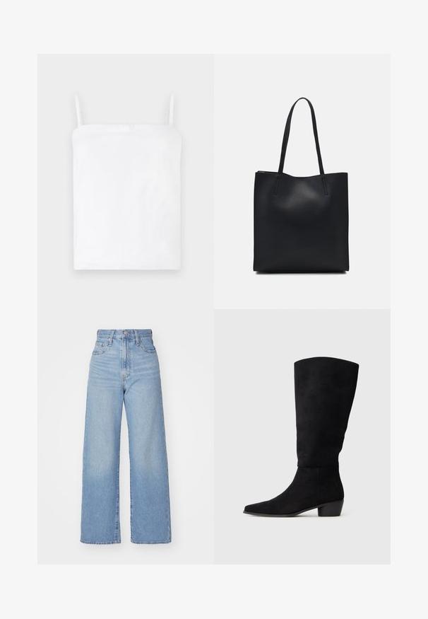 Balta kokvilnas topiņa ar plāniem regulējamiem siksniņām, taisnu dekoltē un mīkstu tekstūru. Vienkāršs dizains, bez redzamām rotājošām detaļām vai aparatūras.; Gaiši zili augstās jostas vidukļa platās bikses ar priekšējo pogu un rāvējslēdzēju, priekšējām un aizmugurējām kabatām uz baltā fona.; Melnas zamšādas ceļgalu augstas zābaki ar zemu blokveida papēdi un smailu purngalu, attēloti sānu skatījumā uz vienkārša gaiši pelēka fona.; Melnas ādas somiņa ar gludu tekstūru, taisnstūra formu un divām garām rokturiem. Nav redzamu aparatūras vai rotājumu.