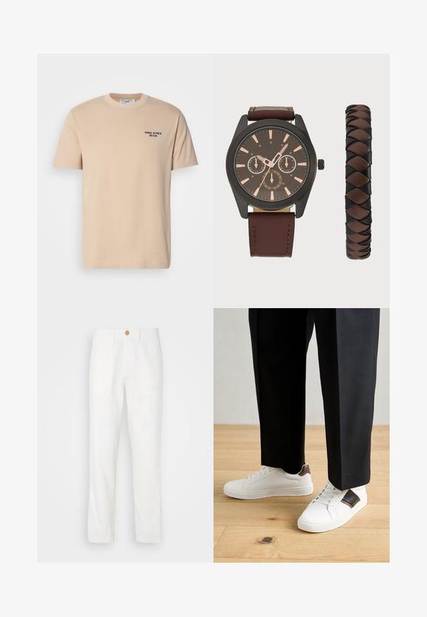 Bež puuvillane T-särk lühikeste varrukatega, ümmarguse dekoltee ja väikese tumesinise logoga vasakul rinnal. Sile tekstuur, lihtne disain.; Valged kangast püksid sirge lõikega, millel on kaks esimest taskut ja nööbiga sulgemine. Sile tekstuur ja puhas disain.; Valged sneakersid siledat tekstuurist, millel on pruunad nahast detailid ja mustad aksessuaarid, millele on sobitatud mustad kohandatud püksid. Puitpõranda taust.; Pier One SET - Käekell - black/brown