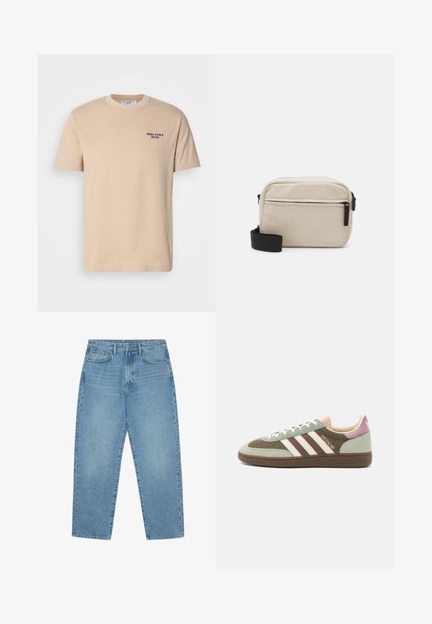 Lys beige bomull T-skjorte med korte ermer, rund hals og en liten marineblå logo på venstre bryst. Glatt tekstur, enkelt design.; Lyseblå denim brede benbukser med høy midje, som har fem lommer, beltehemper og en myk, lett falmet tekstur.; Suedeskinn og tekstil gymsko i grønn, brun og beige med tre hvite striper. Har en lys rosa aksent på hælen og teksturert såle.; Kremfarget kordfløyels crossover-veske med svart glidelås, avtakbar stropp og teksturert mønster. Har ett hovedrom og en frontlomme.