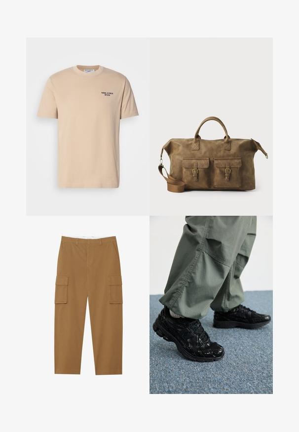 Bež puuvillane T-särk lühikeste varrukatega, ümmarguse dekoltee ja väikese tumesinise logoga vasakul rinnal. Sile tekstuur, lihtne disain.; Pruunid cargo püksid, millel on kaks külgtaskut, lapik eesmine osa ja sirge lõige. Valmistatud vastupidavast kangast, millel on sile tekstuur.; Mustad mustad jooksukingad läikiva ja võrgumaterjaliga tekstuuriga, paksu tallaga ja paeltega, koos lodevate oliiviroheliste cargo-pükstega.; Pruun nahast nädalakott, millel on kaks esikotti, reguleeritav õlarihm, kuldne riistvara ja tugevad ülemised käepidemed. Sile tekstuur.