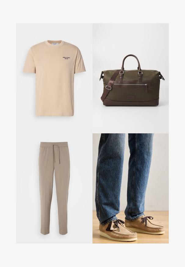 Beige cotton t-shirt with short sleeves, round neckline, and a small navy logo on the left chest. Smooth texture, simple design.; Light beige trousers with an elastic waistband, adjustable drawstring, and tapered legs. Fabric appears smooth with a slight sheen.; Suede moccasins in tan with dark brown accent, rounded toe, and plush white sole. Features lace-up design and stitched detailing.; Canvas duffel bag in olive green with brown leather accents, featuring dual handles, a detachable shoulder strap, and a front zipper pocket.