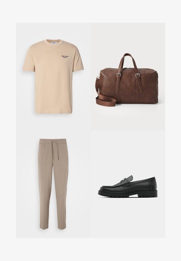 Tricou din bumbac bej, cu mâneci scurte, decolteu rotund și un mic logo bleu în partea stângă a pieptului. Textură netedă, design simplu.; Pantaloni bej deschis cu un brâu elastic, șnur ajustabil și picioare conice. Materialul pare neted, cu un ușor luciu.; Mocasini din piele neagră cu vârful rotunjit, având un design cusut, talpă joasă și o talpă din cauciuc texturat, cu crampoane.; Geantă de voiaj din piele maro, cu mânere superioare, curea detașabilă, închidere cu fermoar și textură elegantă. Design minimalist, fără logo-uri vizibile.