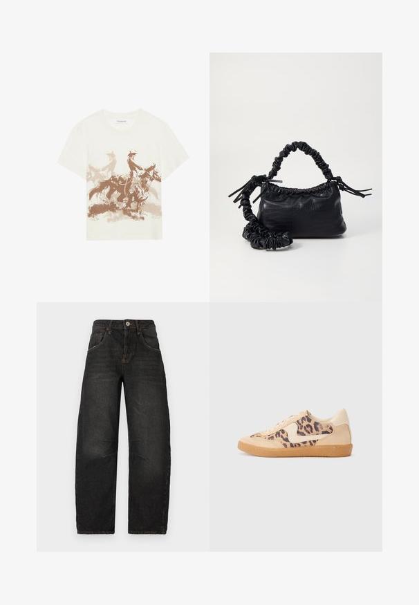 Svetlo bež bombažna majica z rjavim grafičnim tiskom dveh konjenikov v gibanju. Okrugli ovratnik in kratki rokavi.; Črne denim hlače naravnega kroja s petimi žepi, vidno šivanje in sprednjim gumbom za zapiranje. Teksturo tkanine dopolnjuje rahla zbledelost.; Teniske s leopardjim vzorom z zgornjim delom iz bež semiša, rjavim gumijastim podplatom in belimi detajli. Okrogla konica in vezenje z vezalkami ter teksturirana površina.; Črna torbica iz umetnega usnja s krokodilovo teksturo, z zvitim vrhom in zmečkano naramico. Zdi se mehka in kompaktna v oblikovanju.