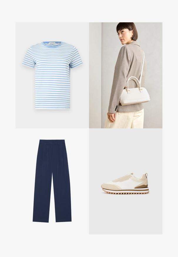 Tricou cu mânecă scurtă în dungi albastre și albe, făcut din bumbac. Prezintă un decolteu rotund și un tiv drept, cu o textură moale.; Pantaloni largi de culoare bleumarin, confecționați dintr-un material moale, cu pliseuri frontale, o textură netedă și o croială dreaptă, fără buzunare vizibile.; Adidași bej și albi cu talpă texturată și bandă de prindere la călcâi, expuși pe un fundal deschis simplu, vedere laterală.; Geantă structurată albă, cu mânere scurte și curea de umăr, având accente din metal aurit și material texturat, expusă pe un fundal gri.