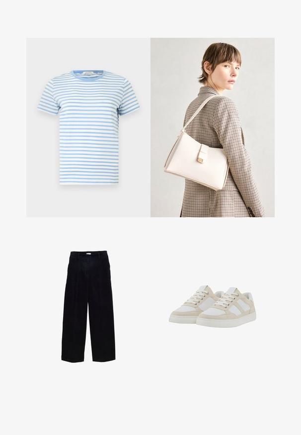 Világoskék és fehér csíkos, rövid ujjú póló, pamutból készült. Kerek nyakkivágással és egyenes szegéllyel rendelkezik, puha tapintású.; Sötétkék kordbársony széles szárú nadrág, egyenes fazonnal, elülső részekkel és finom textúrával. Övhurkokkal és fémezett cipzárral rendelkezik.; Beige és fehér sneaker, texturált felsőrésszel, fűzős záródással és párnázott nyakkal. Három fehér oldalsávval és gumitalppal rendelkezik.; Fehér bőr táska strukturált dizájnnal, mágneses záródással és vállpánttal, semleges háttér előtt bemutatva.