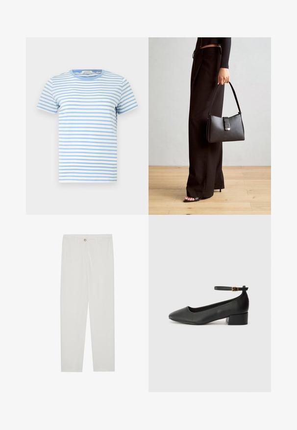 T-shirt de mangas curtas em azul claro e riscas brancas, feito de algodão. Apresenta um decote redondo e uma bainha reta com uma textura suave.; Calças brancas, ajustadas, com um design de perna reta, apresentando um fecho de botão, passantes para cinto e bolsos laterais; textura de tecido suave.; Sandal de pele preta com bico pontiagudo e um salto bloco baixo. Apresenta uma tira no tornozelo com uma fivela em tom dourado. Textura suave.; Bolsa preta com forma estruturada, textura suave e um fecho metálico. Combinada com calças largas pretas e sandálias de salto aberto sobre um chão de madeira.