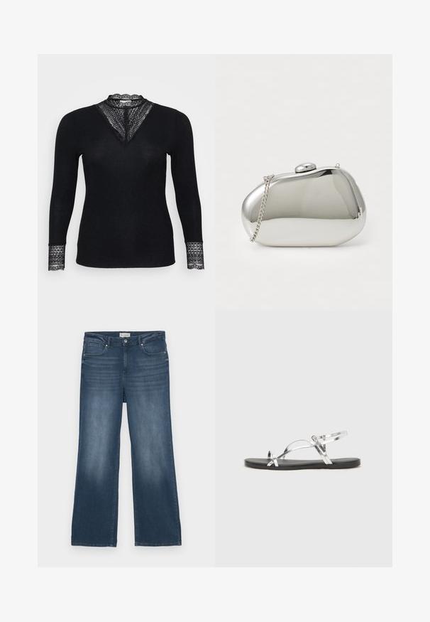 Mustassa pitkähihaisessa paidassa on ribbitekstuuri, jossa on pitsikoristeita kaula-aukossa ja hihan päädyissä, sekä V-muotoinen kaula-aukko.; Tummansiniset farkut, leveä lahkeensuunnittelu, viiden taskun malli, huomaamaton haalistuminen edessä, nappi- ja vetskarisulku, klassinen tyyli vähäisillä yksityiskohdilla.; Hopeiset metallinhohtoiset sandaalit minimalistisella muotoilulla, joissa on ohuet hihnat ja musta tasapohja. Korostuksia tarjoavat ristikkäin menevät hihnat.; Hopeinen metallinen clutch, jossa on pyöristetty, sileä muoto. Varustettu lukitusmechanismilla ja irrotettavalla ketjuhihnalla. Heijastava pinta ilman kuvioita.