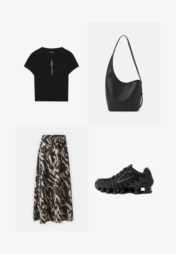 Must beežiline lühihelbedega topp, millel on ümar kaelus ja ees pikk tõmblukk metallringiga, valmistatud tekstuurse materjali kasutamisega.; Mustikas ja beež pikk seelik elastse vöökoha ja abstraktsete loomamustritega, voolava siluetiga.; Must mustusjalats, millel on võrkmaterjalist ülemine osa ja läikivad kattekihtide detailid. Omab kaardus spiraallöögi pehmendust ning tekstuuriga jooni küljel. Nähtav Nike logo.; Mustast nahast hobo kott, millel on sile tekstuur, kumer kuju ja üks reguleeritav rihm; peal on lai avaus.