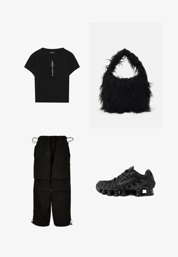 Melnā ribota īsām piedurknēm tops ar apaļu kakla izgriezumu un priekšējo rāvējslēdzēju ar metāla gredzenu, izgatavots no teksturētas auduma.; Melnas bikses no viegla auduma, ar regulējamu jostasvietu un auklu apakšmalās. Izstrādātas ar brīvu, pārmēru piegriezumu un vairākām kabatām.; Melnas sporta kurpes ar sietveida augšdaļu un spīdīgām virsmas daļām. Iezīmēta ar izliekta spirāla spilvenu un teksturētām līnijām sānos. Redzams Nike logo.; Even&Odd Maisiņveida soma - black