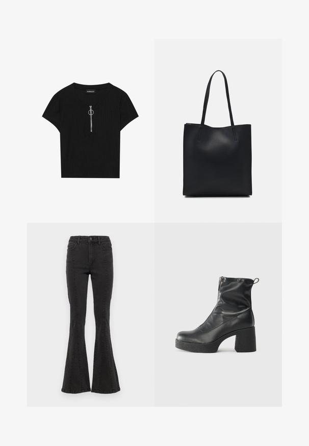 Crna rebrasta majica kratkih rukava s okruglim izrezom i prednji patent zatvaračem s metalnim prstenom, napravljena od teksturirane tkanine.; Crne traperice s čarape i visokim strukom, s bočnim šavovima i čistim rubom. Tkanina ima glatku teksturu s blagim rastezanjem.; Crne gležnjače od glatke kože, s bočnim zatvaračem, debelim teksturiranim potplatom i dizajnom s zaobljenim prstima.; Crna kožna torba za nošenje s glatkom teksturom, pravokutnim oblikom i dvije duge ručke. Nema vidljivih metalnih dijelova ili ukrasa.