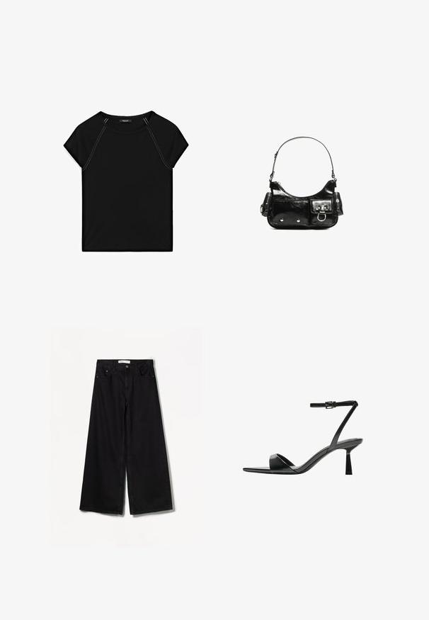 Sort kortærmet top med rund halsudskæring og kontrastfarvet hvid syning langs skuldre og sider. Blødt, glat stof.; Bershka WIDE-LEG - Wide leg - black; Bershka Højhælede sandaletter / Højhælede sandaler - black; Sort patenteret læder håndtaske med en buet form, en skulderrem, frontlommer og hardware accenter i sølvfarve.