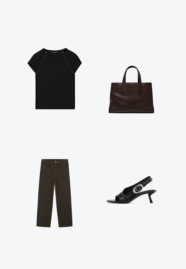 Black short-sleeve top featuring a round neckline and contrast white stitching along the shoulders and sides. Soft, smooth fabric.; Dark green wide-leg jeans made of cotton blend, featuring a front button closure, five pockets, and classic denim stitching.; Black leather slingback shoe with an open toe, featuring a silver oval buckle on the strap and a slender kitten heel. Smooth texture.; Brown leather tote bag with two elongated handles, structured rectangular shape, smooth texture, and subtle stitching details.