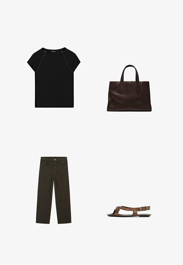 Sort kortærmet top med rund halsudskæring og kontrastfarvet hvid syning langs skuldre og sider. Blødt, glat stof.; Mørkegrønne brede jeans lavet af en bomuldsblanding, med en frontlukning med knap, fem lommer og klassisk denim-syning.; Brune lædersandal med åben tå og udskæringer på siden. Har en ankelrem med en metalspænde og en flad sål.; Brun læder tote bag med to forlængede håndtag, struktureret rektangulær form, glat overflade og subtile syninger.