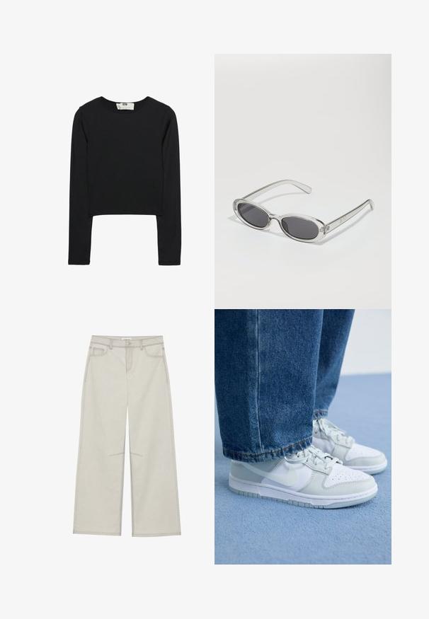 Černý crop top s dlouhými rukávy vyrobený z lehkého materiálu, s kulatým výstřihem a přiléhavým střihem, s čistými švy a bez ozdob.; Světle šedé kalhoty s širokými nohavicemi, pěti kapsami, předním zapínáním na knoflík a kontrastním stehem podél švů. Materiál vypadá jemně a odolně.; Nike tenisky v bílé a světle šedé kůži s perforovanou špičkou, plochými tkaničkami a gumovou podrážkou, spárovány s modrými džíny.; Sluneční brýle s oválným tvarem, průhledným plastovým rámem, tmavě šedými skly a tenkými průhlednými stranami s akcenty loga a minimálními detaily.