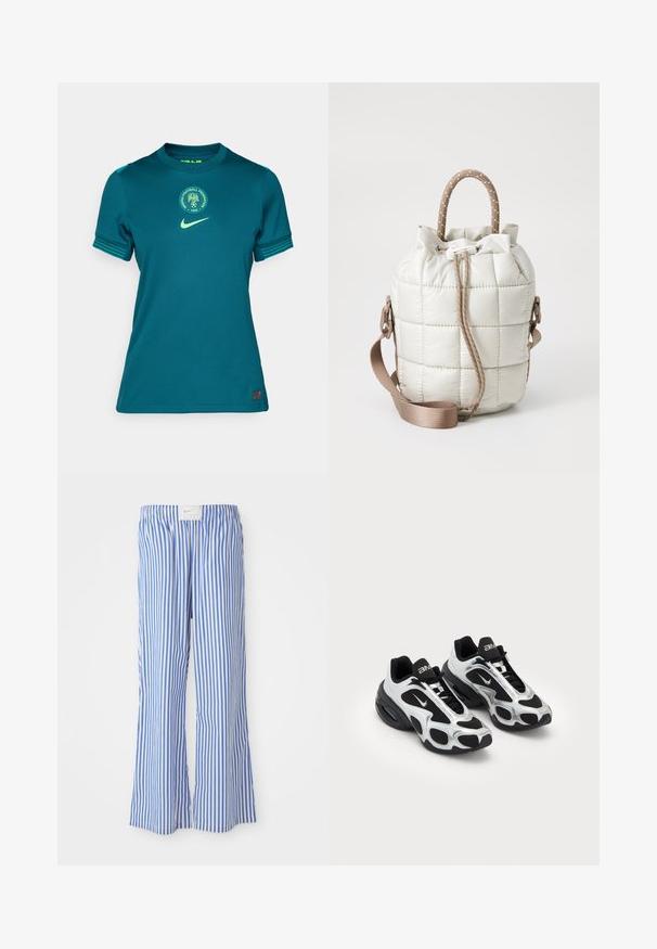 Tirkizna Nike nogometna majica z okroglim izrezom, kratkimi rokavi, zelenimi poudarki in krožnim logotipom Nigerijske nogometne zveze.; Modre in bele črtaste hlače s sproščenim krojem, izdelane iz lahkega materiala, z elastičnim pasom in diskretno oznako logotipa.; Črne in srebrne športne čevlje z mrežnim in sintetičnim zgornjim delom, ki vsebujejo značilno valovito obliko in oblazinjen ovratnik, z zračno blazino v podplatu.; Izšivana svetlo bež torba s cinčanim vrhom, ki ima pleteno ročaj in snemljiv trak. Gladka tekstura z mekim sijajem.