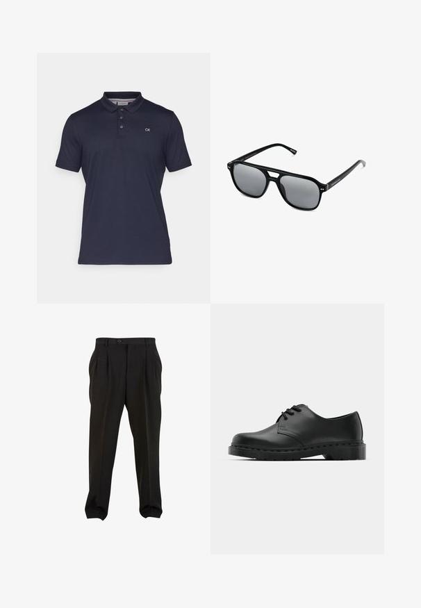 Mörkblå polo med slätt bomullstyg, som har en klassisk krage, treknappslås och en liten broderad CK-logotyp.; Svarta byxor i en slät tygkvalitet, med framfickor, en knapp i midjan och avsmalnande ankleder. Klassisk skräddarsydd silhuett.; Svart lädersko i oxford-stil med snörningsdesign, rund tå, platt gummisula och subtila sömdetaljer längs ovandelen.; Svarta solglasögon med rektangulära bågar, gråtonade linser och en design med urtag i näsbryggan. Slank, glänsande plastmaterial, med smala skalmar.