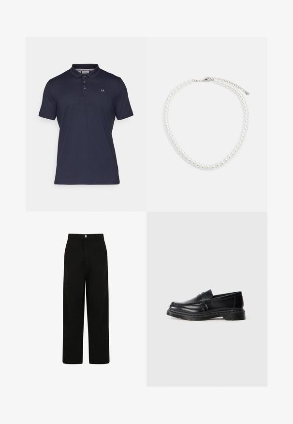 Tumši zila polo krekls, izgatavots no gludas kokvilnas, ar klasisku apkakli, trīs pogu plati un mazu izšūtu CK logotipu.; Melni, platleņķa bikses, izgatavotas no kokvilnas. Iezīmē priekšējo pogu aizdari, divas sānu kabatas un brīva piegriezuma dizains.; Vīriešu melni ādas penny loaferi ar masīvu zoli un moc toe šuvēm, attēloti profila skatā uz balta fona.; Baltas pērļu kaklarota ar vienmērīgu apaļu formu, gludu virsmu un metāla aizdari ar pagarinājuma ķēdi regulējamai garumam.
