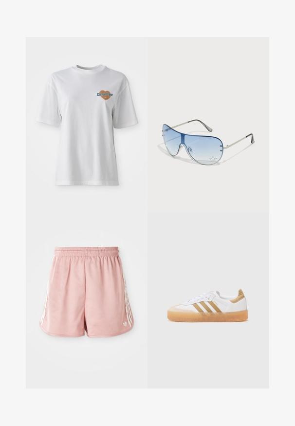 Carhartt WIP GROWTH - Tricou cu imprimeu - white stone washed; Șorturi atletice roz cu un bandă elastică la talie, detalii cu dungi albe pe lateral și un logo mic în partea stângă jos. Textură de material neted.; Sneaker alb cu accente bej, având trei dungi, vârf rotunjit și o talpă din cauciuc translucid. Materiale din piele netedă și textil.; Ochelari de soare aviator cu lentilă gradient albastră, ramă metalică argintie și accente decorative sub formă de stele pe lentilă. Design neted și elegant.