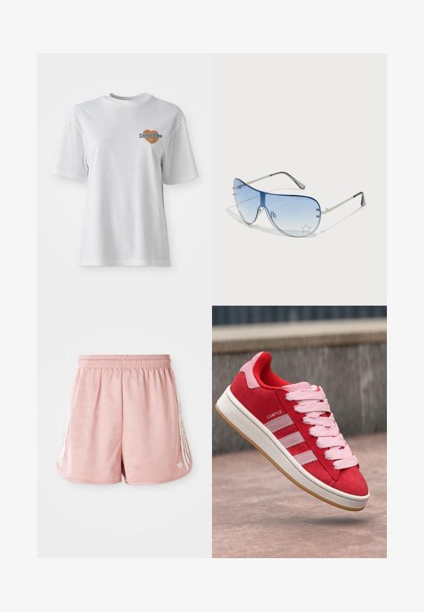 Carhartt WIP GROWTH - Triko s potiskem - white stone washed; Růžové sportovní šortky s elastickým pasem, bočními bílými pruhy a malým logem na levém dolním předním dílu. Hladký povrch tkaniny.; Červené semišové tenisky s růžovými akcenty, se třemi bílými pruhy a světle růžovými tkaničkami. Bílé mezipodešve a podešev z gumy.; Pilotské sluneční brýle s modrými gradientními skly, stříbrným kovovým rámem a dekorativními hvězdnými akcenty na sklech. Hladký a elegantní design.