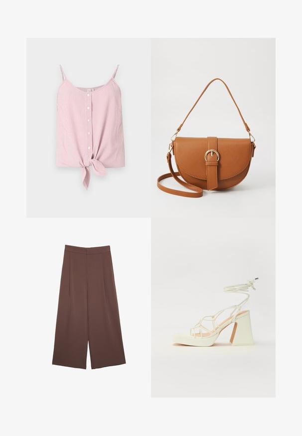 Rood-wit gestreept mouwloos topje met een knoopsluiting aan de voorkant en een geknoopt detail aan de onderkant. Lichtgewicht stof, losse pasvorm, zachte textuur.; Bruine wijde broek met een gladde textuur, voorzien van een hoge taille en plooien aan de voorkant. De stof is lichtgewicht en valt losjes.; Witte hoge hakken sandaal met een chunky hak, met een bandjesontwerp en enkelband. Gladde textuur met een plateau voor extra hoogte.; Bruine leren schoudertas met een gebogen vorm, gouden hardware en een gespaccent. Bevat een afneembare schouderriem.