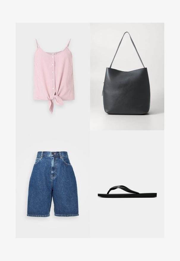 Top sem mangas às riscas vermelhas e brancas com uma frente abotoada e detalhe de bainha torcida. Tecido leve, corte descontraído, textura suave.; Calções de ganga de cintura alta, na cor azul escuro. Apresenta um estilo clássico de cinco bolsos, corte reto e bainha dobrada. Material em algodão.; Chinelo de borracha preta com uma tira texturada e sola plana simples, mostrado de lado num fundo claro.; Bolsa tote de couro preto texturizado com uma alça de ombro única, design simples e minimalista, exibida contra um fundo claro discreto.