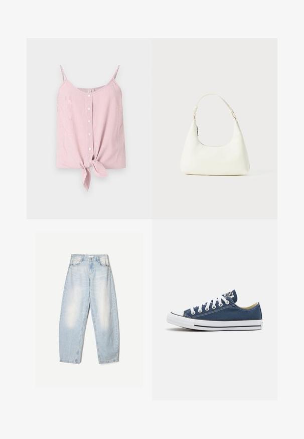 Rdeče in bele črtaste brezrokavnike z gumbom spredaj in zavezanjem na robu. Lahka tkanina, sproščen kroj, mehak občutek.; Svijetloplave traperice slobodnog kroja, s izbjeljenom završnom obradom, dva prednja džepa i kopčom na gumbe na pojasu.; Platneni copat v mornarsko modri barvi z belimi očesi in vezalkami, ki ima bel gumijast zaščitnik za prste in črno črto ob podplatu.; Majhna bela torbica za ramo z enim nastavljivim trakom in zadrgo, postavljena na enobarvno belo ozadje.