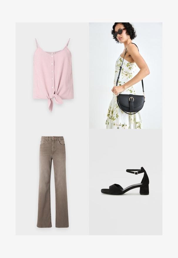 Röhrenoberteil ohne Ärmel in rot-weißen Streifen mit durchgehender Knopfleiste und geknotetem Saumdetail. Leichter Stoff, lässiger Schnitt, weiche Textur.; Braune hoch taillierte Straight-Leg-Jeans mit vorderem Knopf, Gürtelschlaufen und klassischem Fünf-Taschen-Design auf weißem Hintergrund.; Schwarze Wildleder-Espadrilles mit einem dünnen Knöchelriemen, offener Zehenpartie und moderatem Blockabsatz. Glatte Textur und minimale Akzente.; Schwarze Lederhandtasche mit geschwungener Form, abnehmbarem Tragegurt und goldenen Beschlägen. Die Tasche verfügt über einen Deckel mit einer Schnallen-Details.