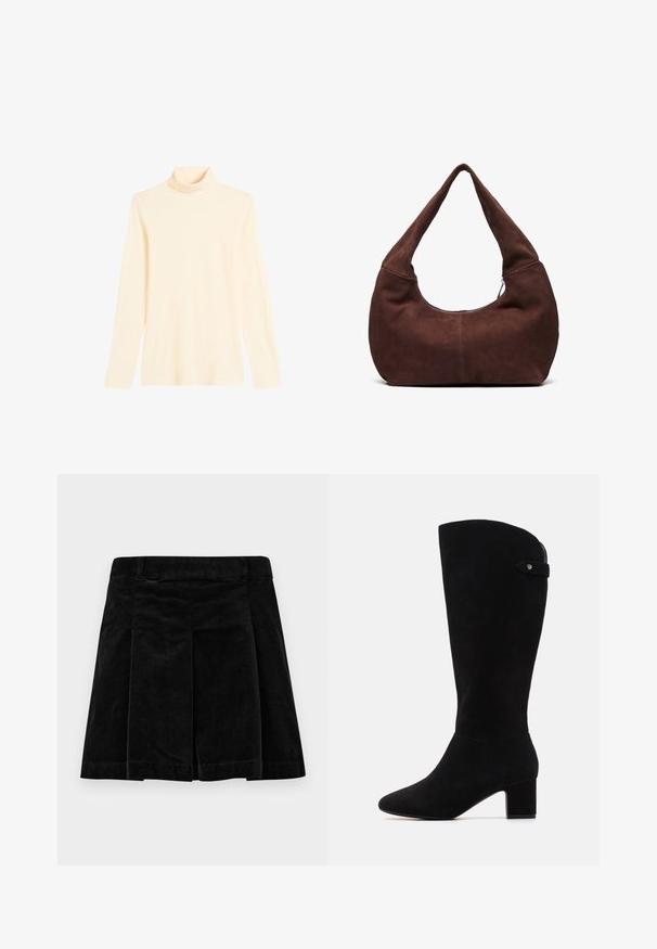 Light cream turtleneck sweater made from soft fabric, featuring long sleeves and a fitted silhouette with a high collar.; Black corduroy skirt with a pleated design, featuring a straight cut, textured surface, and a waistband for a secure fit.; Black suede knee-high boots with a pointed toe and block heel. Features a smooth texture and a simple design, with a side strap accent.; Brown suede hobo bag with a curved, wide handle and a large opening. Soft texture with visible stitching detailing along the edges.