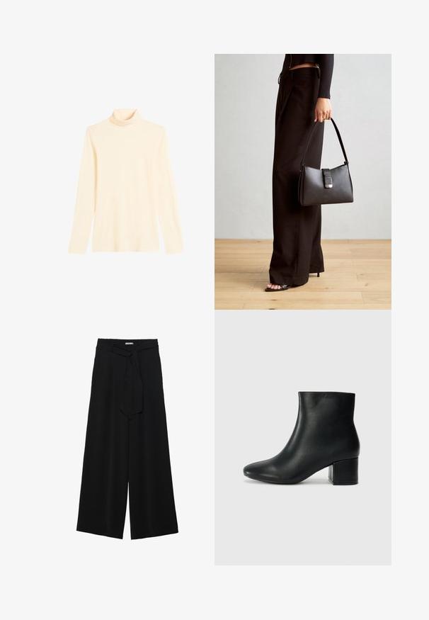 Svetle krémový rolák vyrobený z měkké látky, s dlouhými rukávy a přiléhavým střihem s vysokým límcem.; Černé kalhoty s širokými nohavicemi, vyrobené z texturované tkaniny, s elastickým pasem a odnímatelným páskem na úpravu velikosti.; Černé kožené kotníkové boty s špičatou špičkou a robustním podpatkem. Hladký povrch s minimálními akcenty a elegantním, přiléhavým designem.; Černá kabelka se strukturovaným tvarem, hladkým povrchem a kovovým uzávěrem. Kombinována s širokými černými kalhotami a sandály s otevřenou špičkou na dřevěné podlaze.