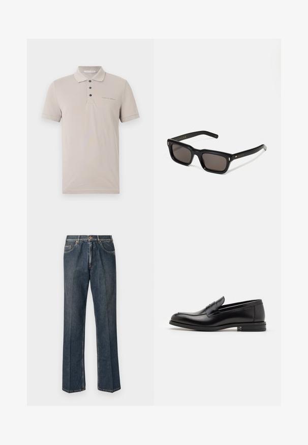 Beige polo skjorta gjord av mjukt tyg. Har en krage, tre-knappars knäppning och subtil logotyp på vänster sida. Kortärmad.; Mörkblå raka denimjeans med framknapp, blixtlås, dubbla framfickor och synliga vertikala veck längs benen.; Svarta läderloafers med en slät yta, rund tå och ett dekorativt band över främre delen. Låg staplad klack, minimalistisk design.; Svarta rektangulära solglasögon med mörka linser, tjock plastbåge, guldfinish på skalmarna och varumärkeslogotyp graverad på armen.; Svart läder crossbody-väska med klaffstängning, silverfärgade detaljer och två runda accenter. Utrustad med en avtagbar rem. Slät textur.