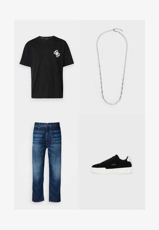 Guess BANDANA APPLI - Triko s potiskem - jet black; Tmavě modré džíny rovného střihu s jemným vyblednutím na stehnech a zapínáním na knoflík v pase, vystavené na bílém pozadí.; Černé nízké tenisky s bílou podrážkou a patou, šněrování v přední části a logo Calvin Klein na boku.; Stříbrný kovový náhrdelník složený z alternativních obdélníkových článků, s hladkým leštěným povrchem a bezpečným uzávěrem.