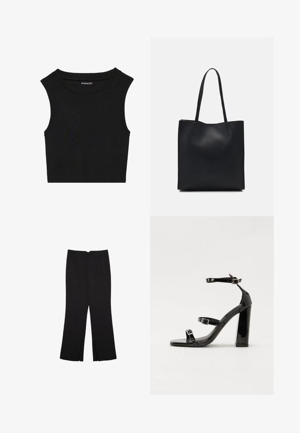 Svart ärmlös crop top med ribbad textur. Har en rund halsringning och breda axelsömmar. Tillverkad av ett elastiskt tyg.; Svarta byxor med rak passform, utrustade med framfickor och sidoklyvningar vid fållen. Tillverkade av mjukt, slätt tyg. Lämpliga för olika tillfällen.; Svarta lackerade klacksandaler med fyrkantig tå, ankelremmar och silverfärgade spännen. Har en kraftig blockklack för stabilitet.; Svart lädertoffelväska med slät textur, rektangulär form och två långa handtag. Ingen synlig hårdvara eller dekorationer.